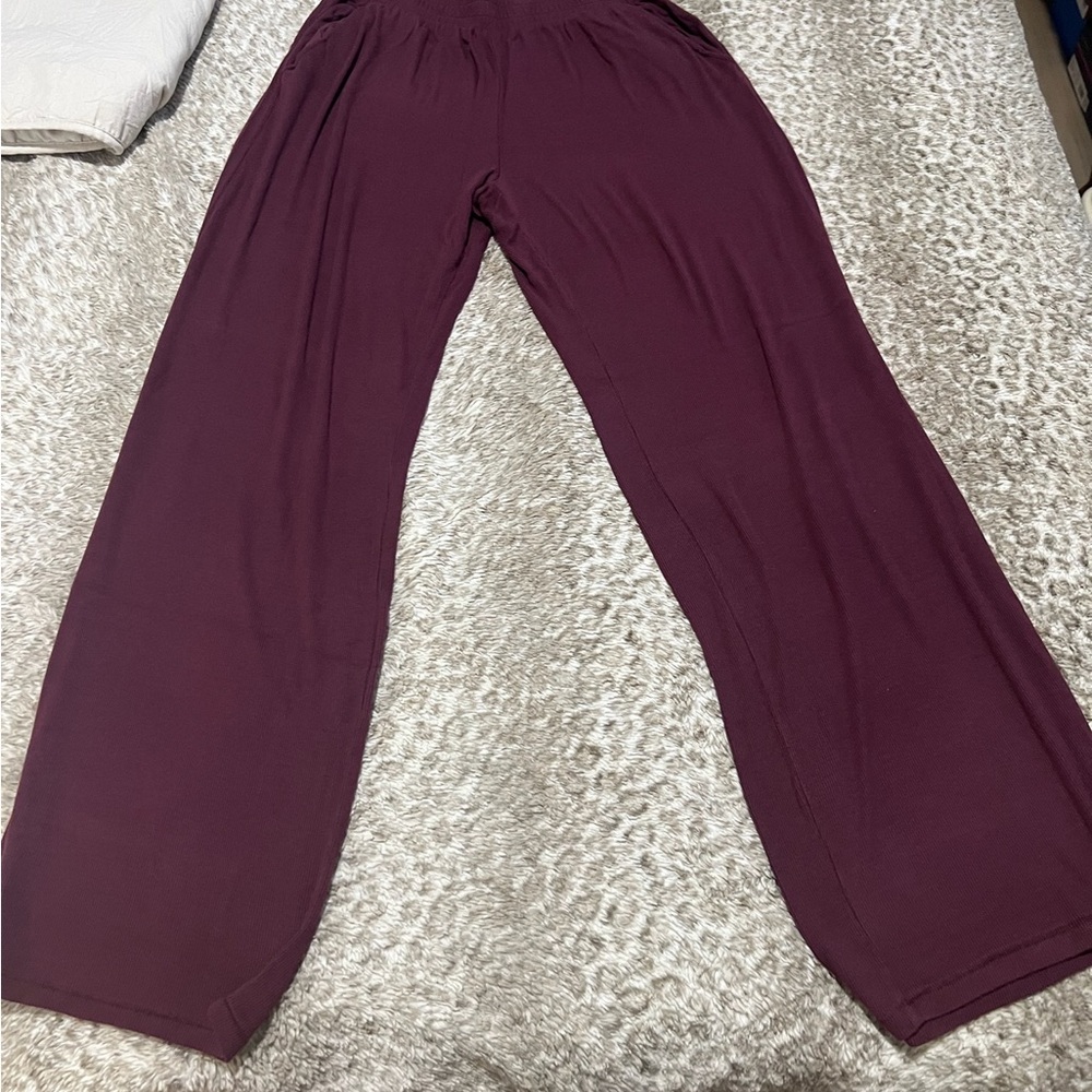 Nuuds Slinky Rib Wide Leg Lounge Pants in Merlot